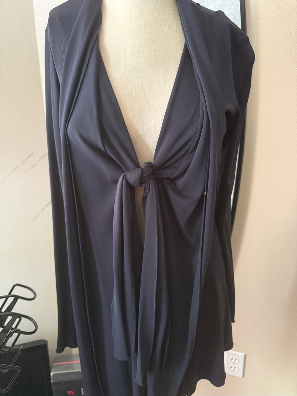 CAbi Black Tie-Front Long Sleeve Top and wide leg bottoms